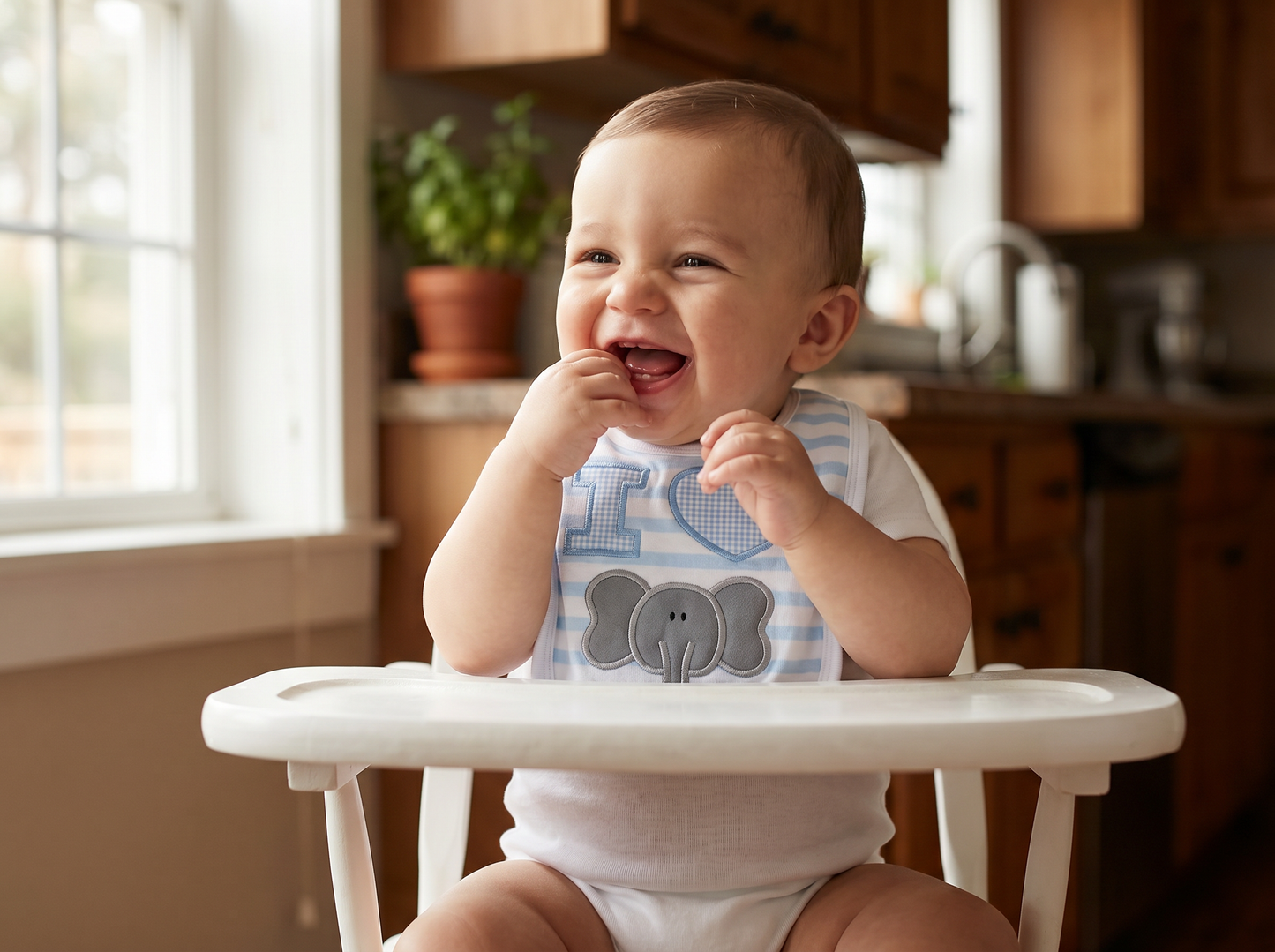 “I Love Elephants” Handmade Appliqué Baby Bib — Baby Blue Striped, Embroidered Elephant Design