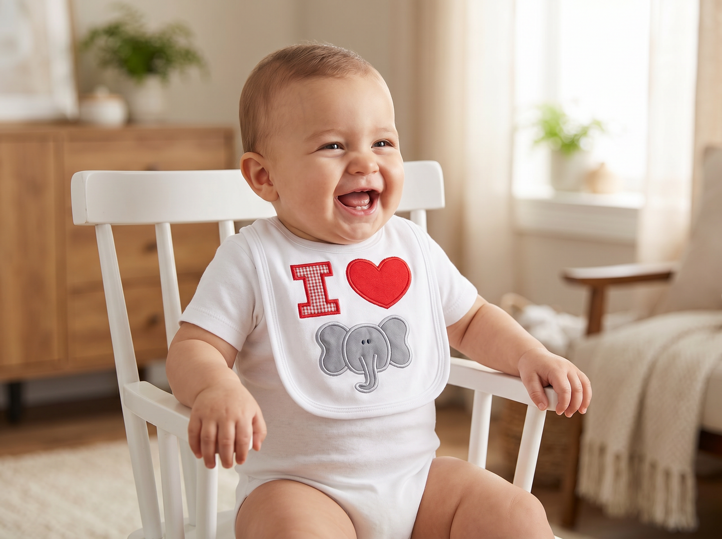 “I Love Elephants” Handmade Appliqué Baby Bib — White, Red Gingham & Gray Elephant Design