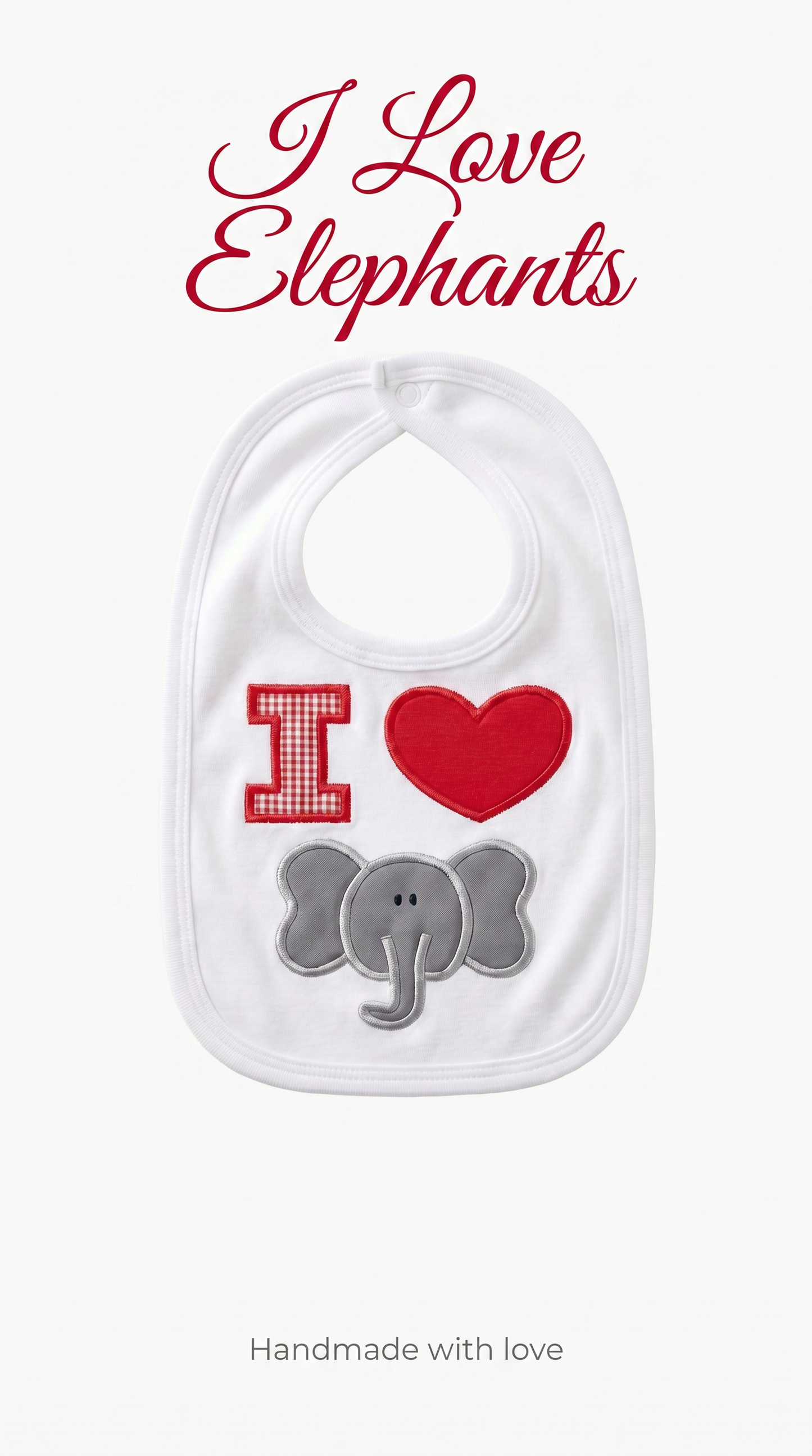 “I Love Elephants” Handmade Appliqué Baby Bib — Pink Striped, Embroidered Elephant Design