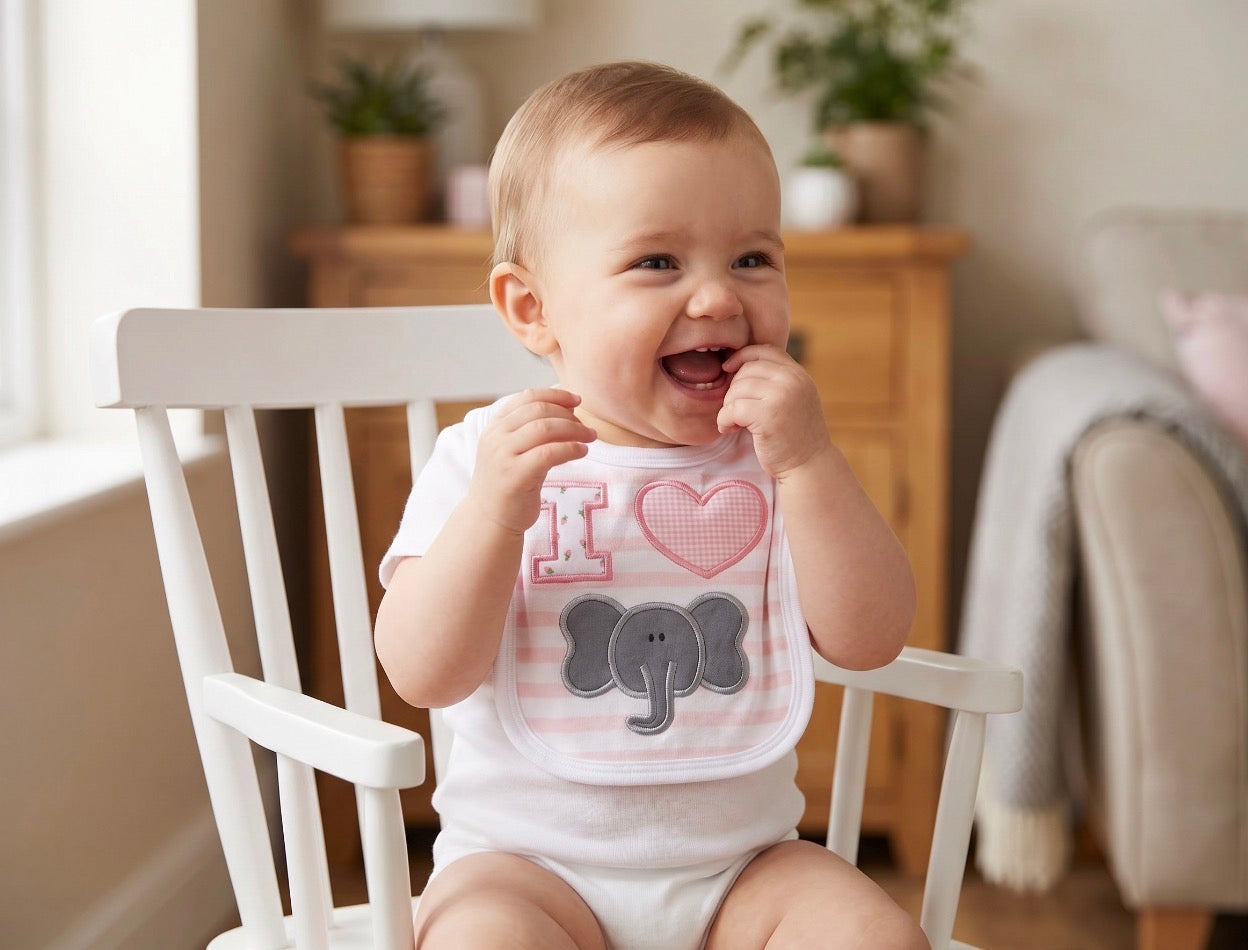 “I Love Elephants” Handmade Appliqué Baby Bib — Pink Striped, Embroidered Elephant Design