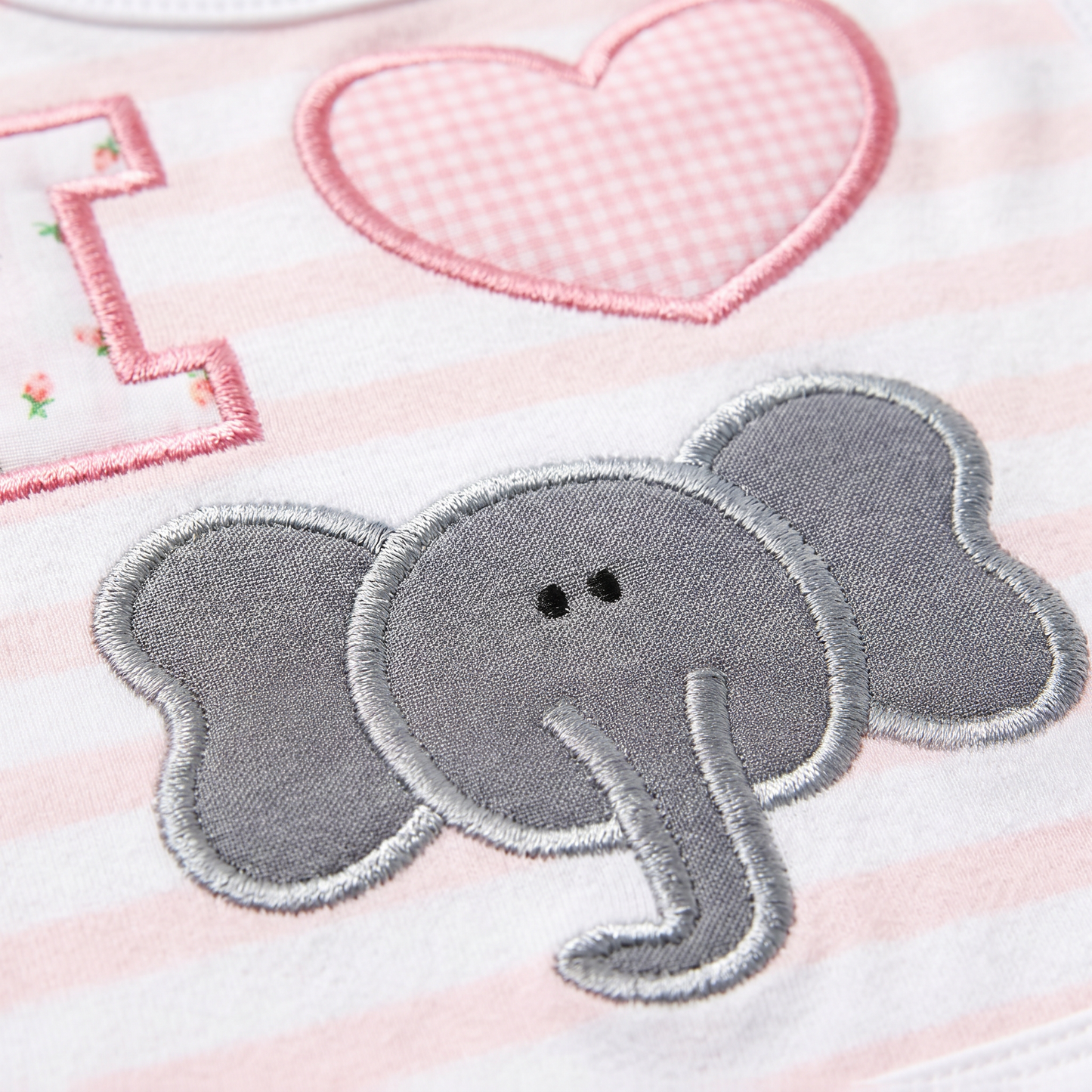 “I Love Elephants” Handmade Appliqué Baby Bib — Pink Striped, Embroidered Elephant Design
