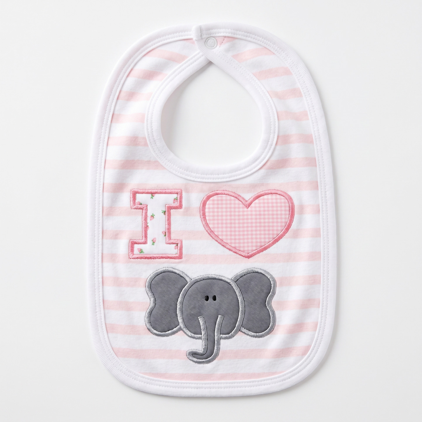 “I Love Elephants” Handmade Appliqué Baby Bib — Pink Striped, Embroidered Elephant Design