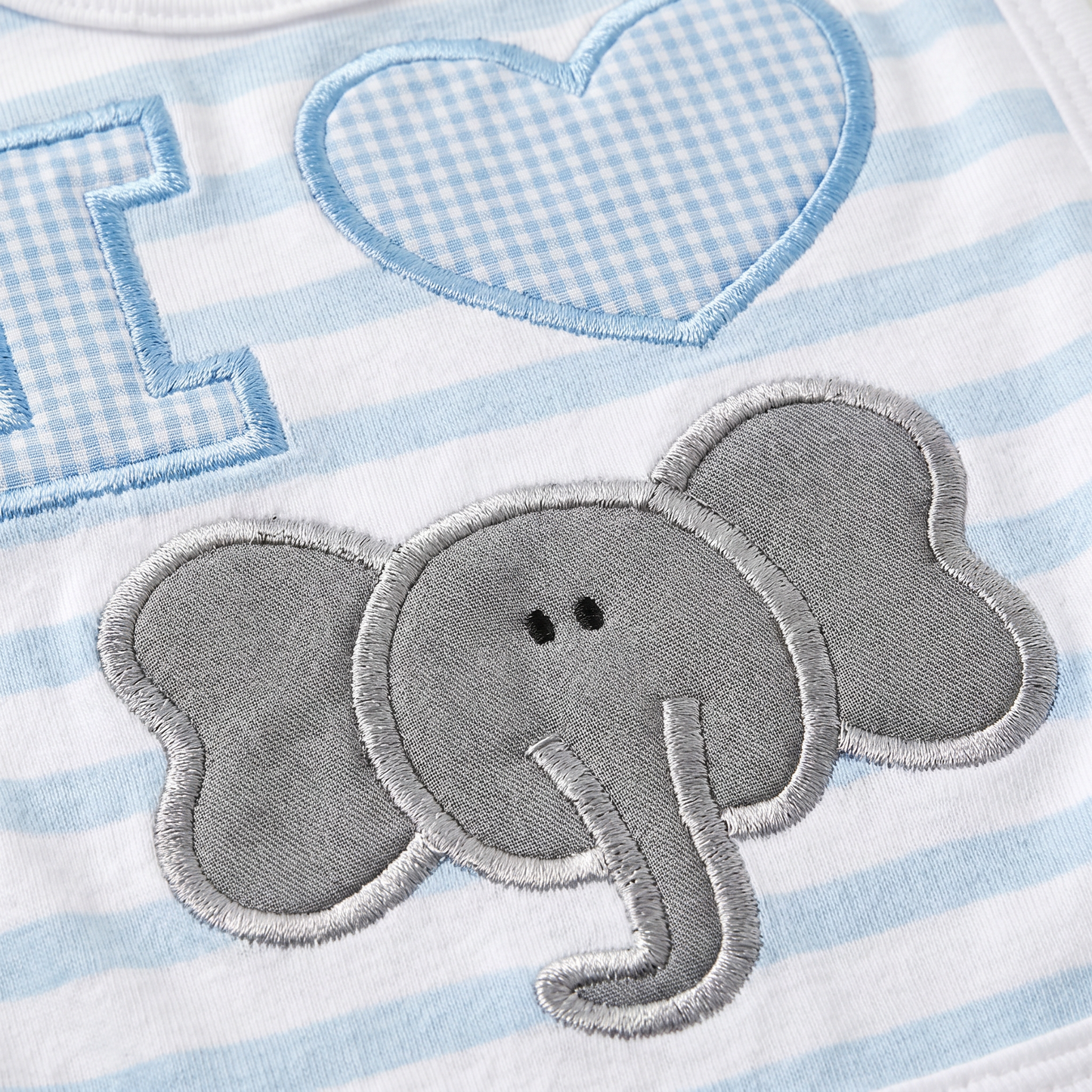 “I Love Elephants” Handmade Appliqué Baby Bib — Baby Blue Striped, Embroidered Elephant Design