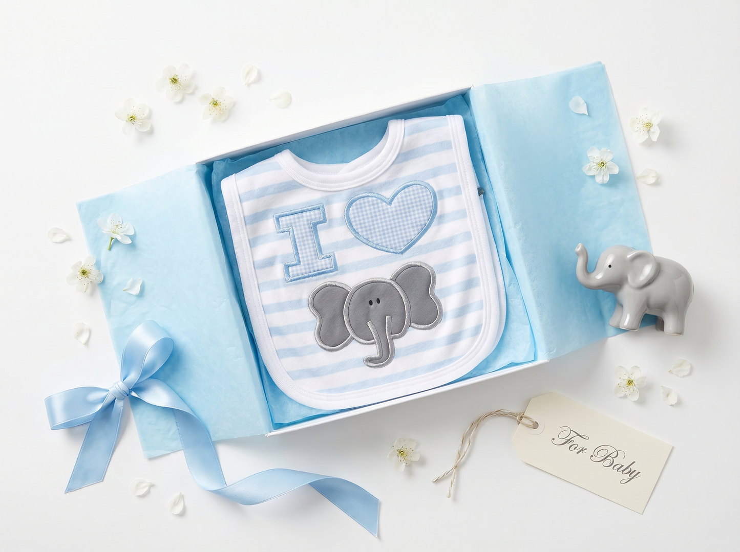 “I Love Elephants” Handmade Appliqué Baby Bib — Baby Blue Striped, Embroidered Elephant Design