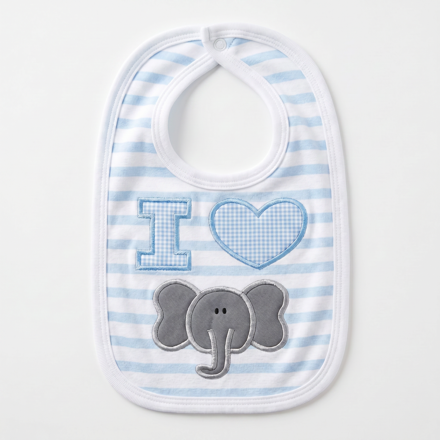 “I Love Elephants” Handmade Appliqué Baby Bib — Baby Blue Striped, Embroidered Elephant Design
