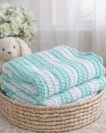 Handmade Crocheted Baby Blanket - Mint & White Stripe
