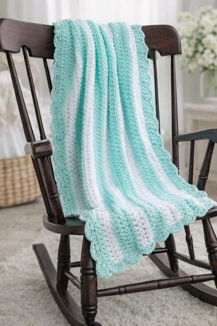 Handmade Crochet Baby Blanket - Mint & White Stripe