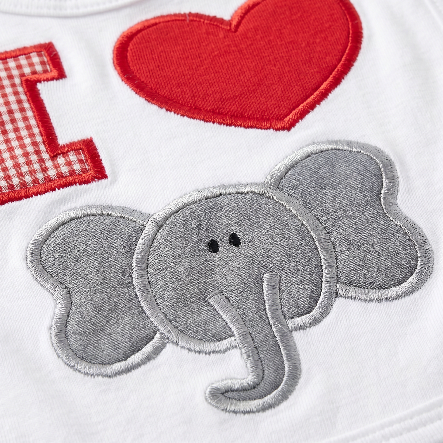 “I Love Elephants” Handmade Appliqué Baby Bib — White, Red Gingham & Gray Elephant Design
