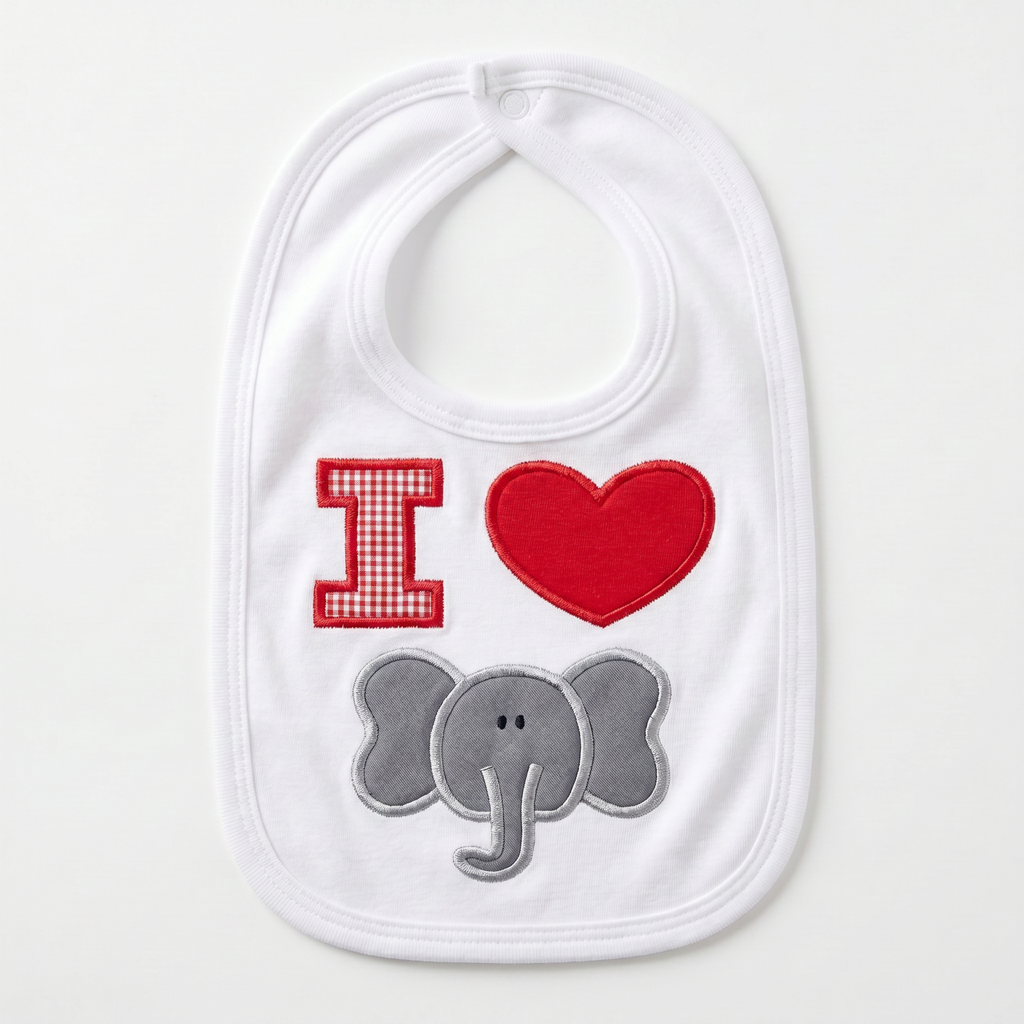 “I Love Elephants” Handmade Appliqué Baby Bib — White, Red Gingham & Gray Elephant Design