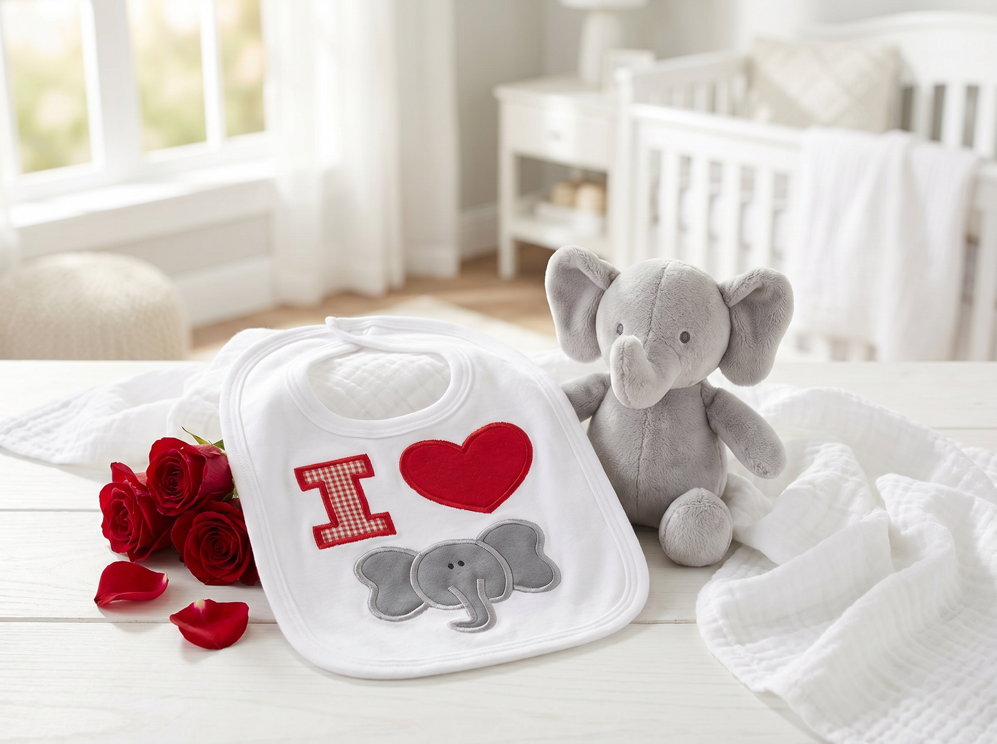 “I Love Elephants” Handmade Appliqué Baby Bib — White, Red Gingham & Gray Elephant Design