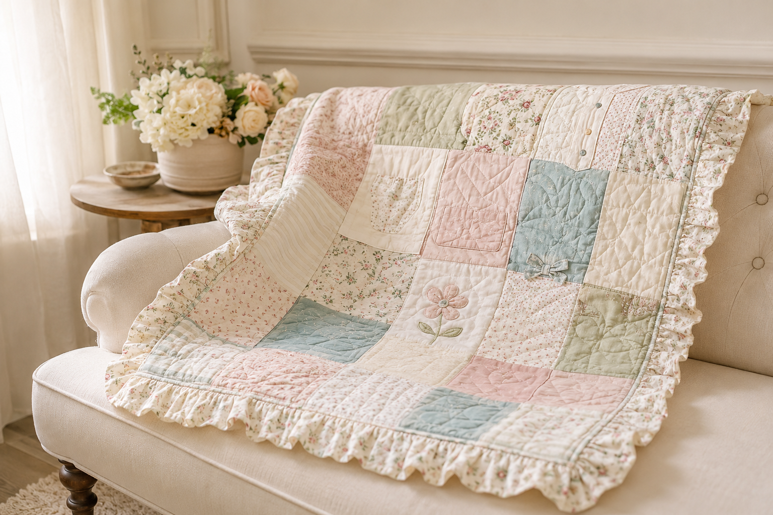 A keepsake quilt made with baby clothing