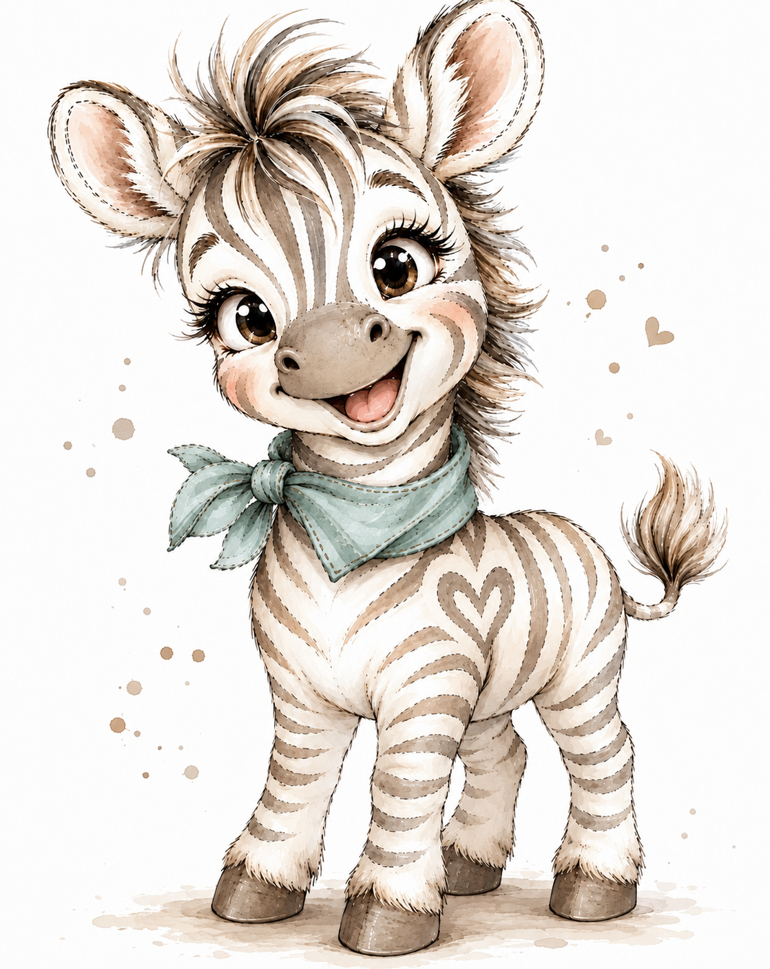 Fancy, the cheerful Jancy's Fancies zebra mascot, wearing her soft teal scarf and signature heart-shaped shoulder stripe